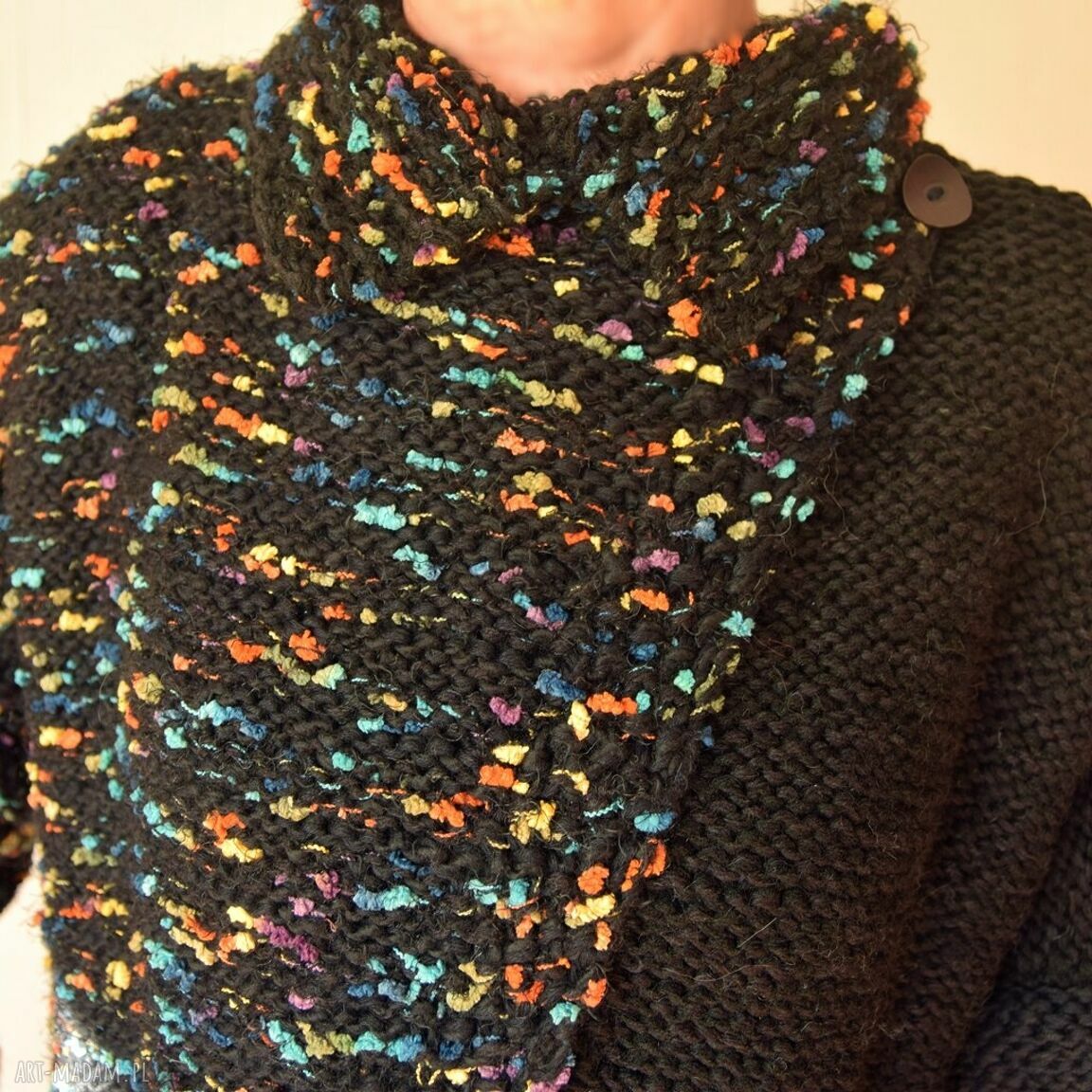 Sweter kardigan handmade robiony na drutach - asymetryczny czarny melanż