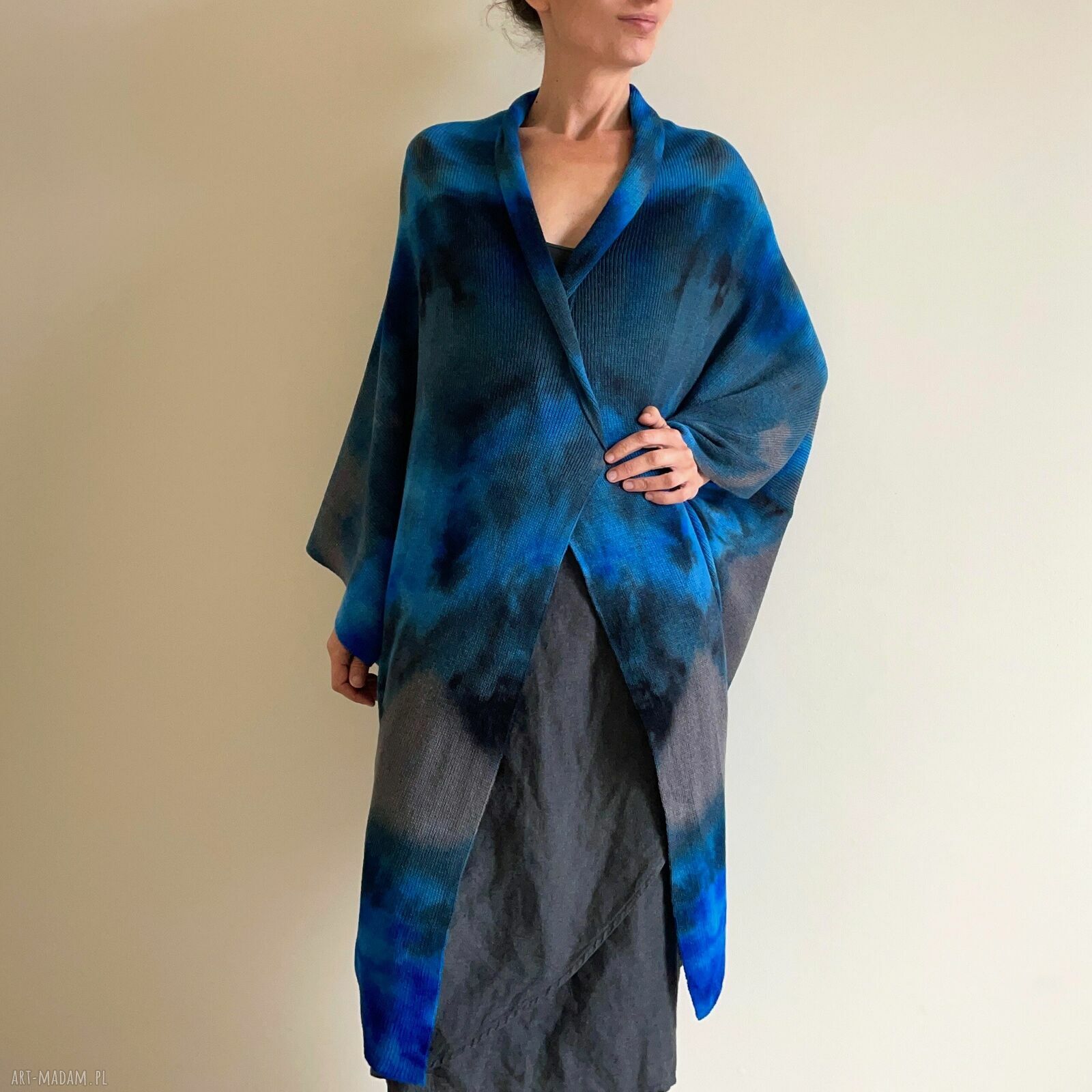 Wełniany kardigan z merino blue&graphite - ręcznie barwiony one size oversize