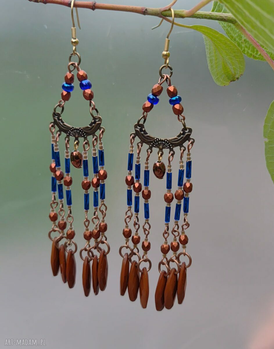 Kolczyki Karmel - długie frędzle szafir, boho-orientalne 11,5 cm