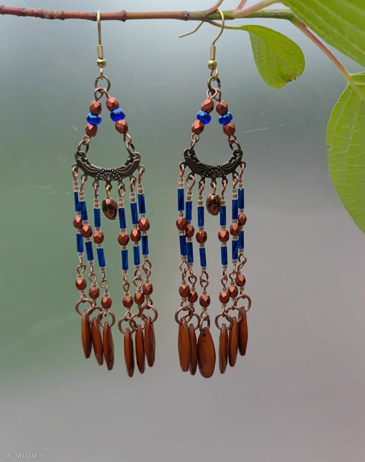 Kolczyki Karmel - długie frędzle szafir, boho-orientalne 11,5 cm