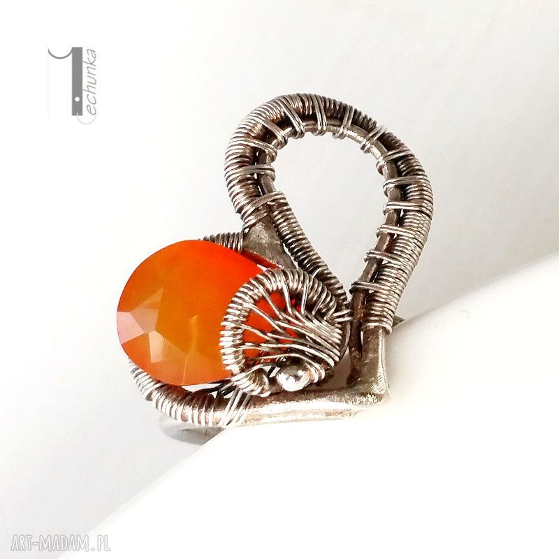 KarmeLOVE - srebrny pierścionek z karneolem wire wrapping (serce) | otwarta obrączka