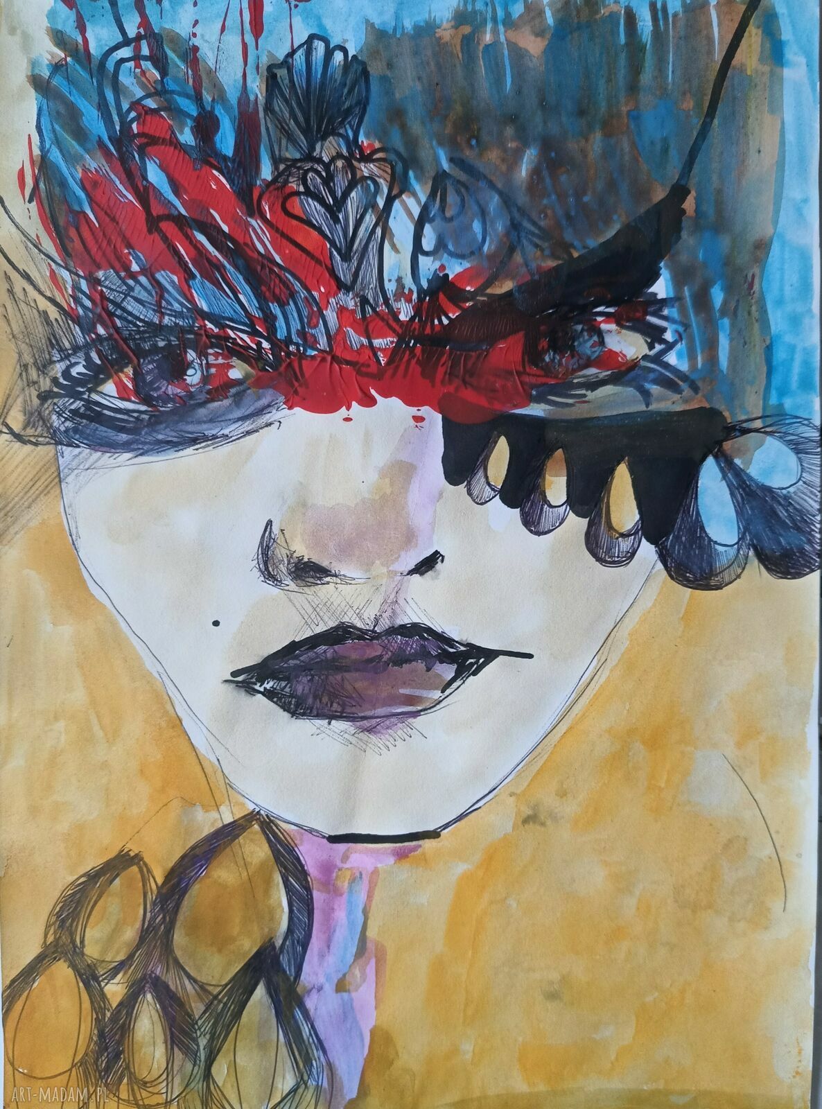 Karnawałowa twarz - ręcznie malowana grafika mixed media