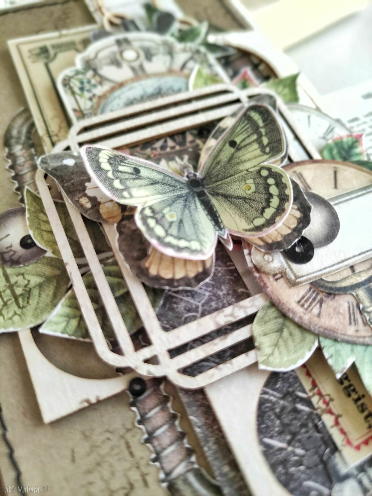 Kartka Best Wishes w stylu steampunk - unikatowa na urodziny z koronką i kwiatkami
