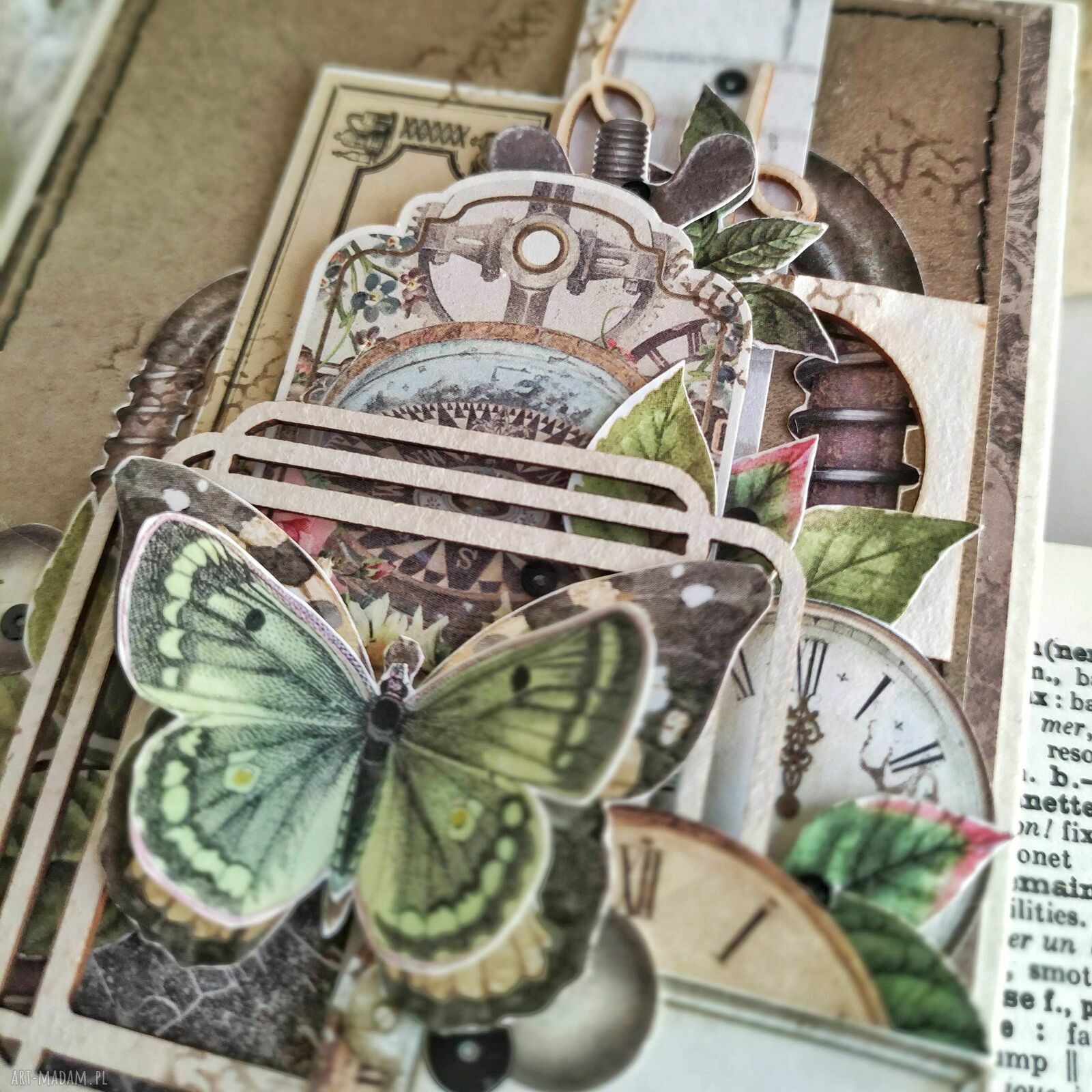 Kartka Best Wishes w stylu steampunk - unikatowa na urodziny z koronką i kwiatkami