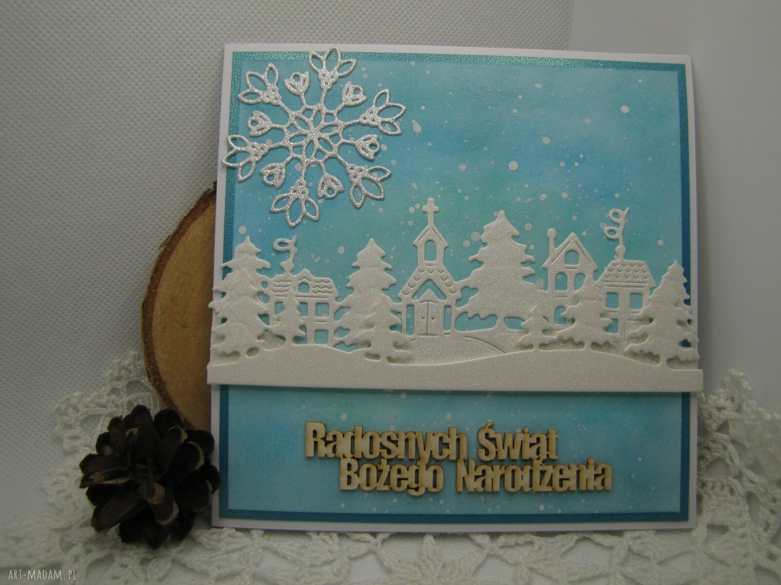 Kartka bożonarodzeniowa handmade z zimowym miasteczkiem
