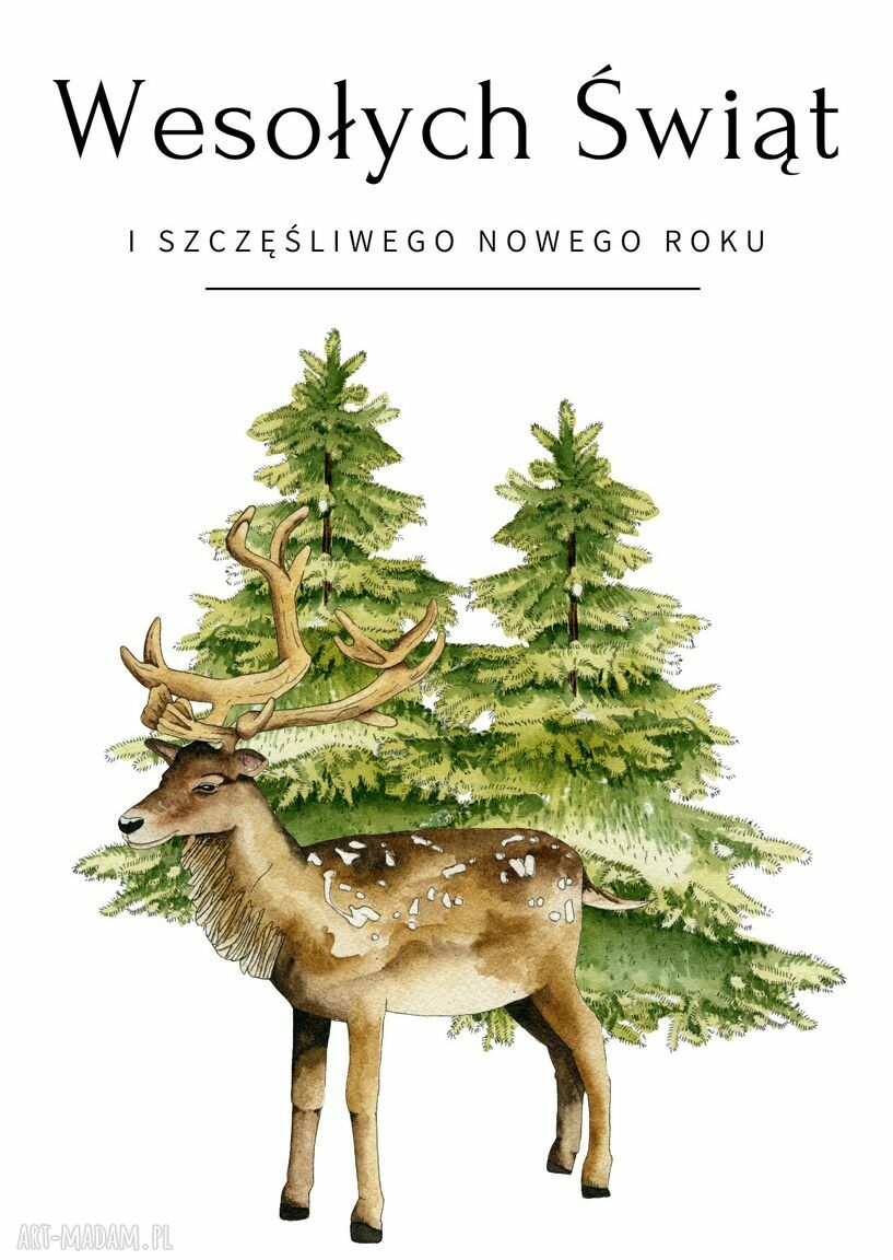 Kartka bożonarodzeniowa z reniferem i choinkami