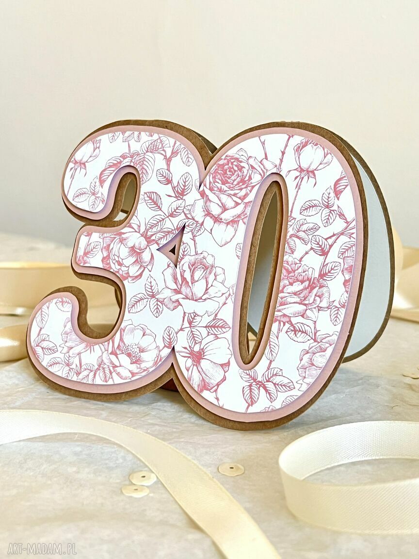 Kartka na 30 urodziny - cyfra 30 w róże (scrapbooking)