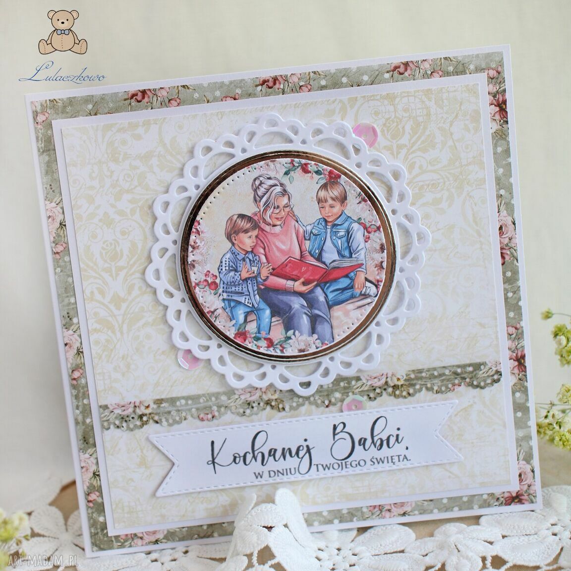 Kartka dla Babci - ręcznie robiona w stylu scrapbooking z białą kopertą