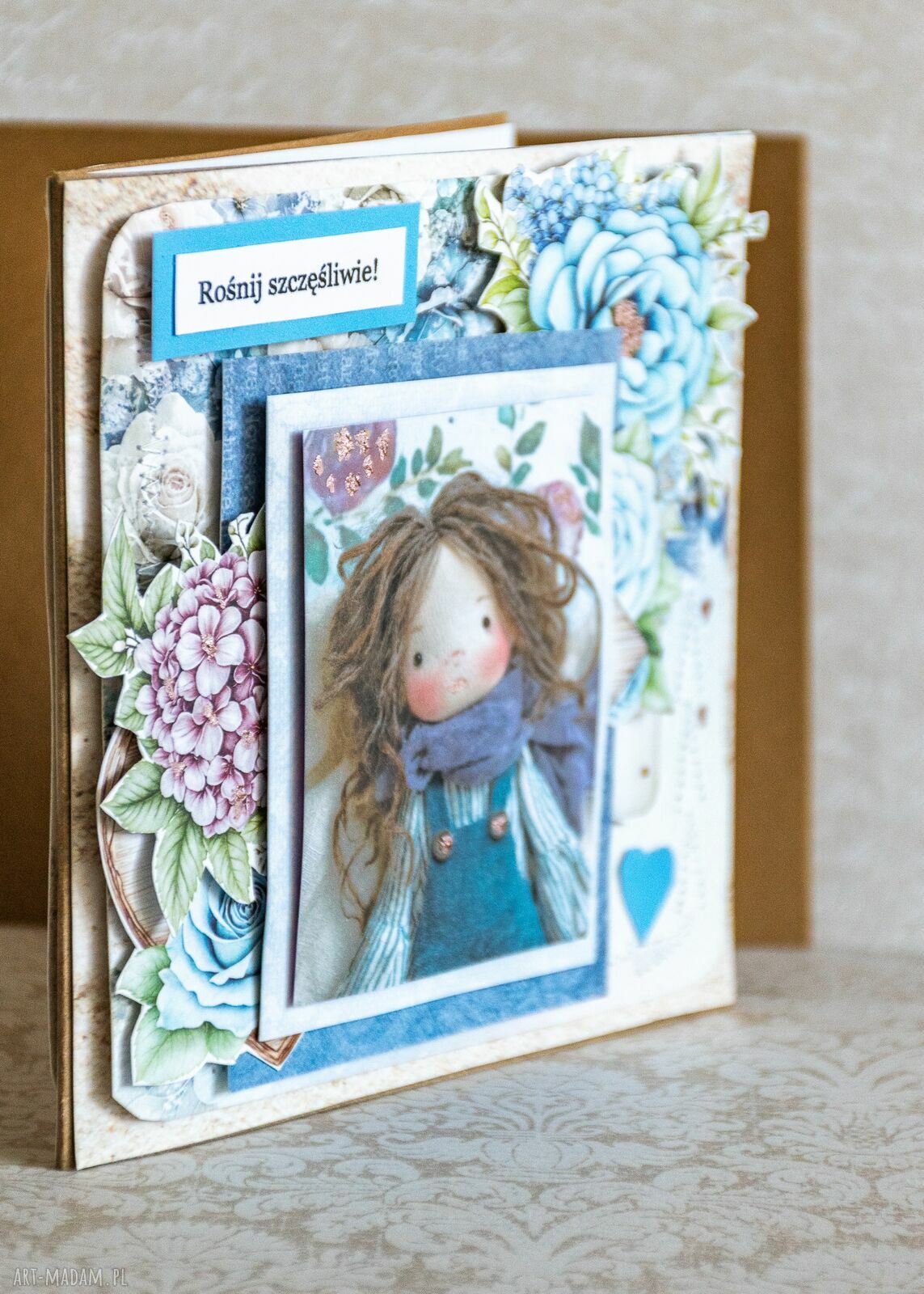 Kartka urodzinowa w stylu scrapbooking "Rośnij szczęśliwie" - bogato zdobiona dla dziewczynki