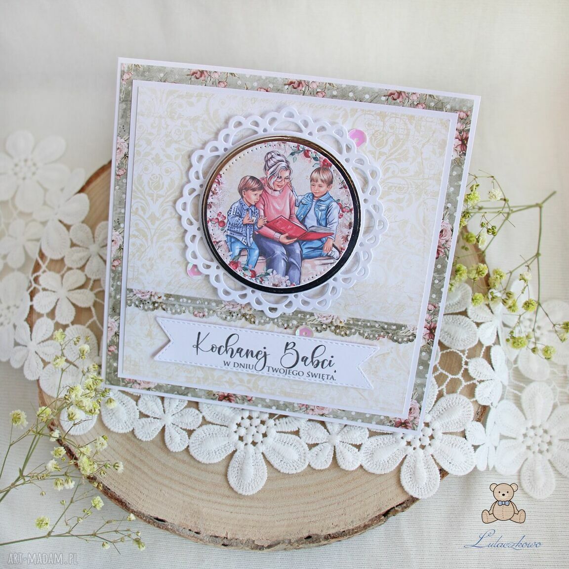 Kartka dla Babci - ręcznie robiona w stylu scrapbooking z białą kopertą