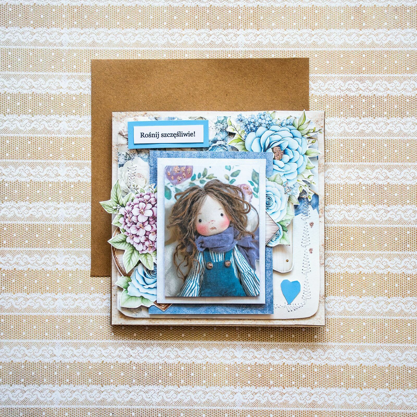 Kartka urodzinowa w stylu scrapbooking "Rośnij szczęśliwie" - bogato zdobiona dla dziewczynki