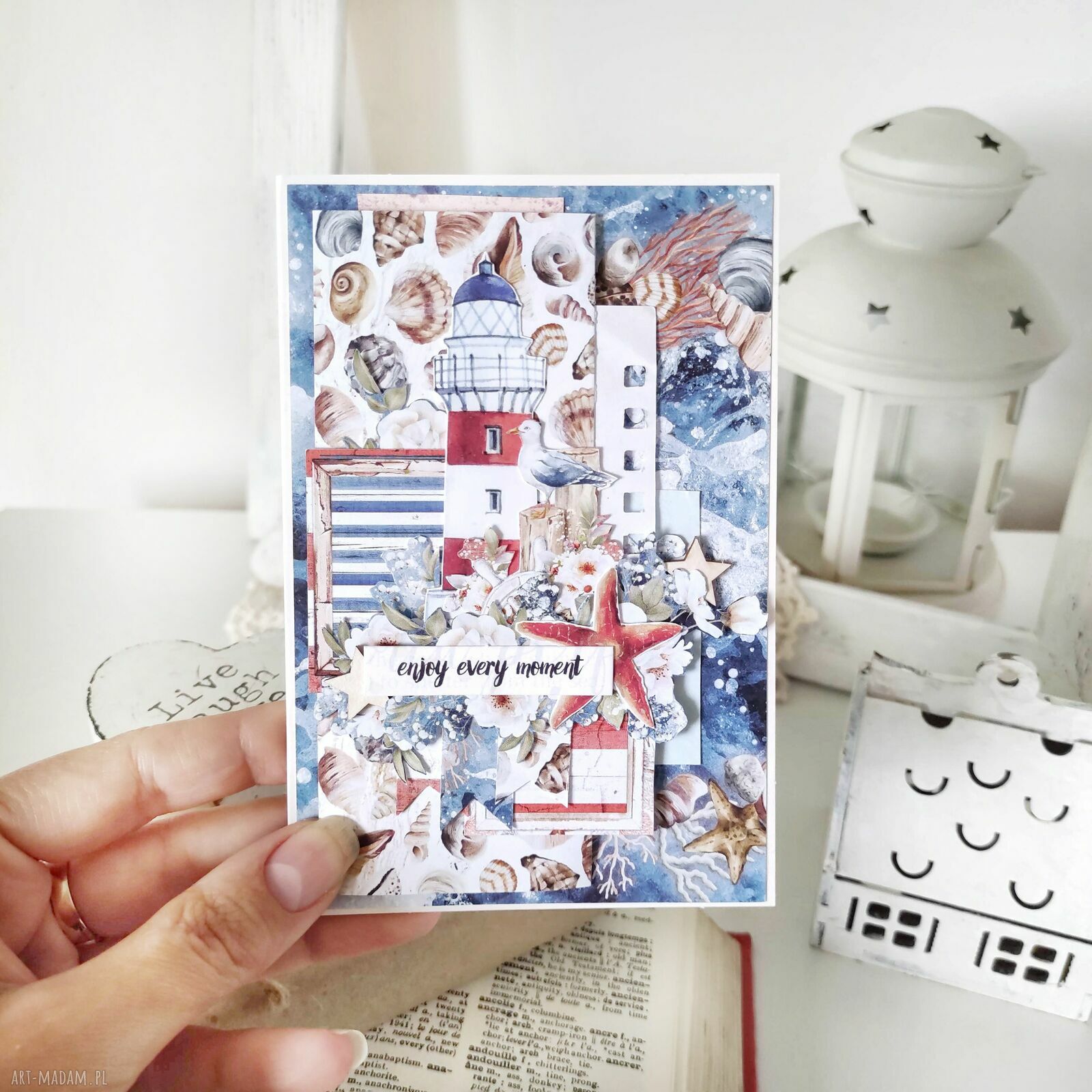 Kartka urodzinowa Enjoy Every Moment - morski klimat, koronka i kwiaty