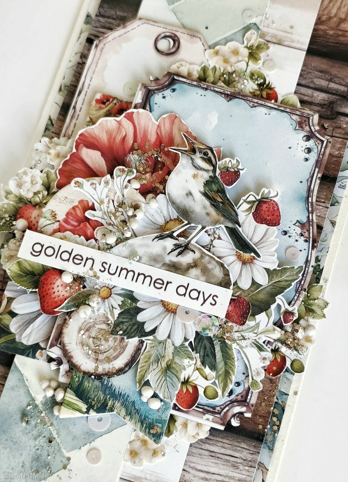 Kartka Golden Summer Days - ręcznie robiona z koronką i kwiatami
