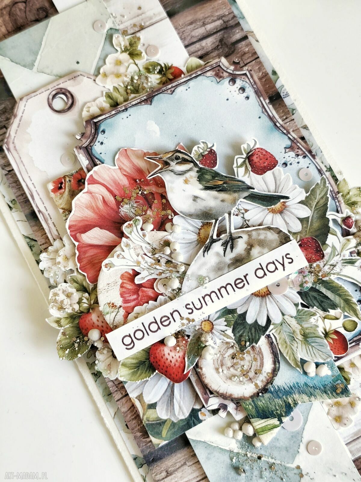 Kartka Golden Summer Days - ręcznie robiona z koronką i kwiatami
