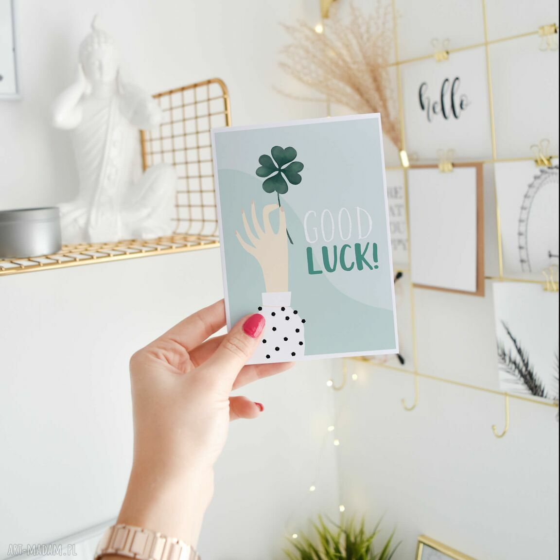 Good Luck Powodzenia - kartka A6 z koniczynką