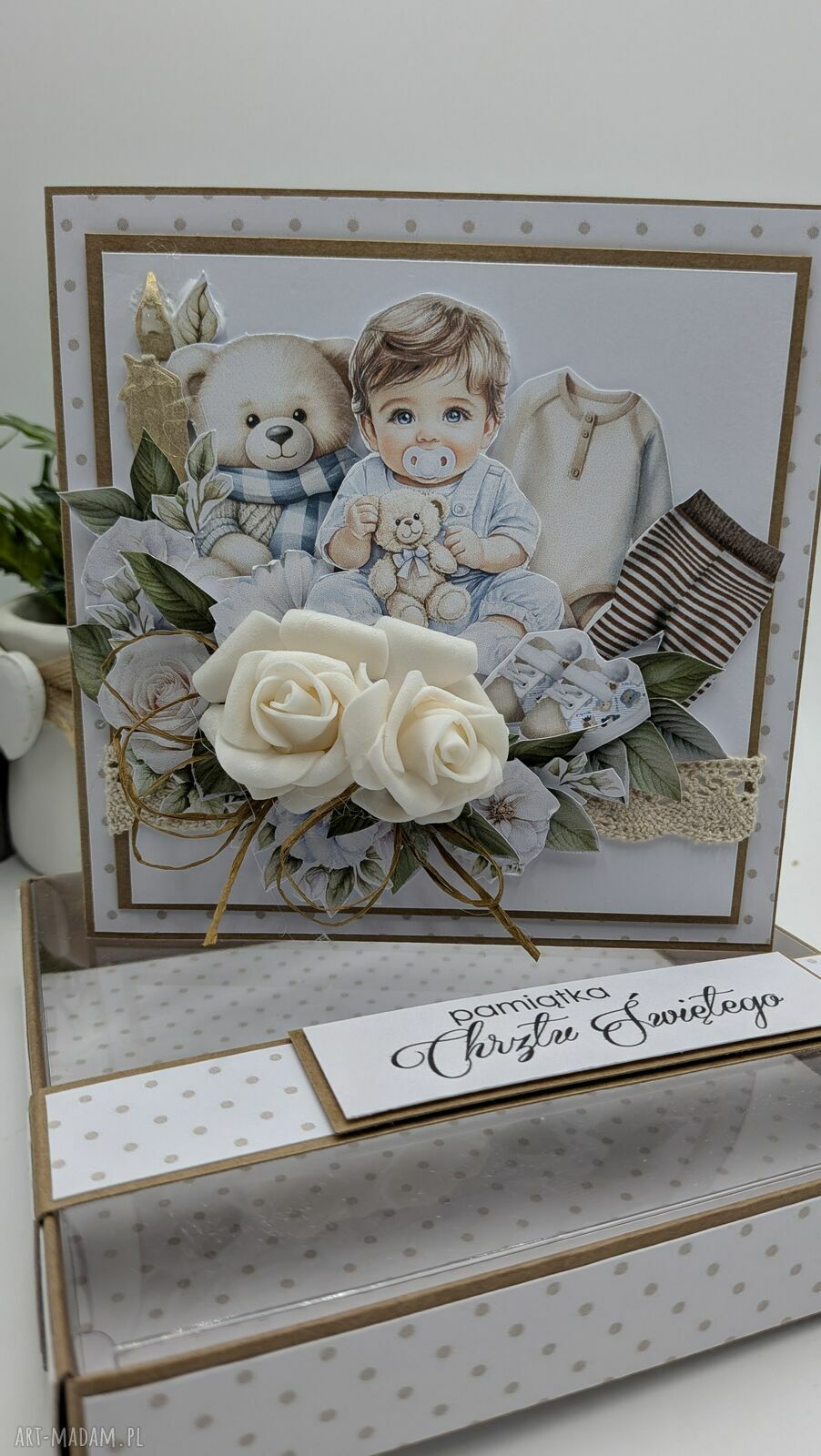 Pamiątka Chrztu Świętego dla chłopca - kartka handmade 3D w pudełku 14x14