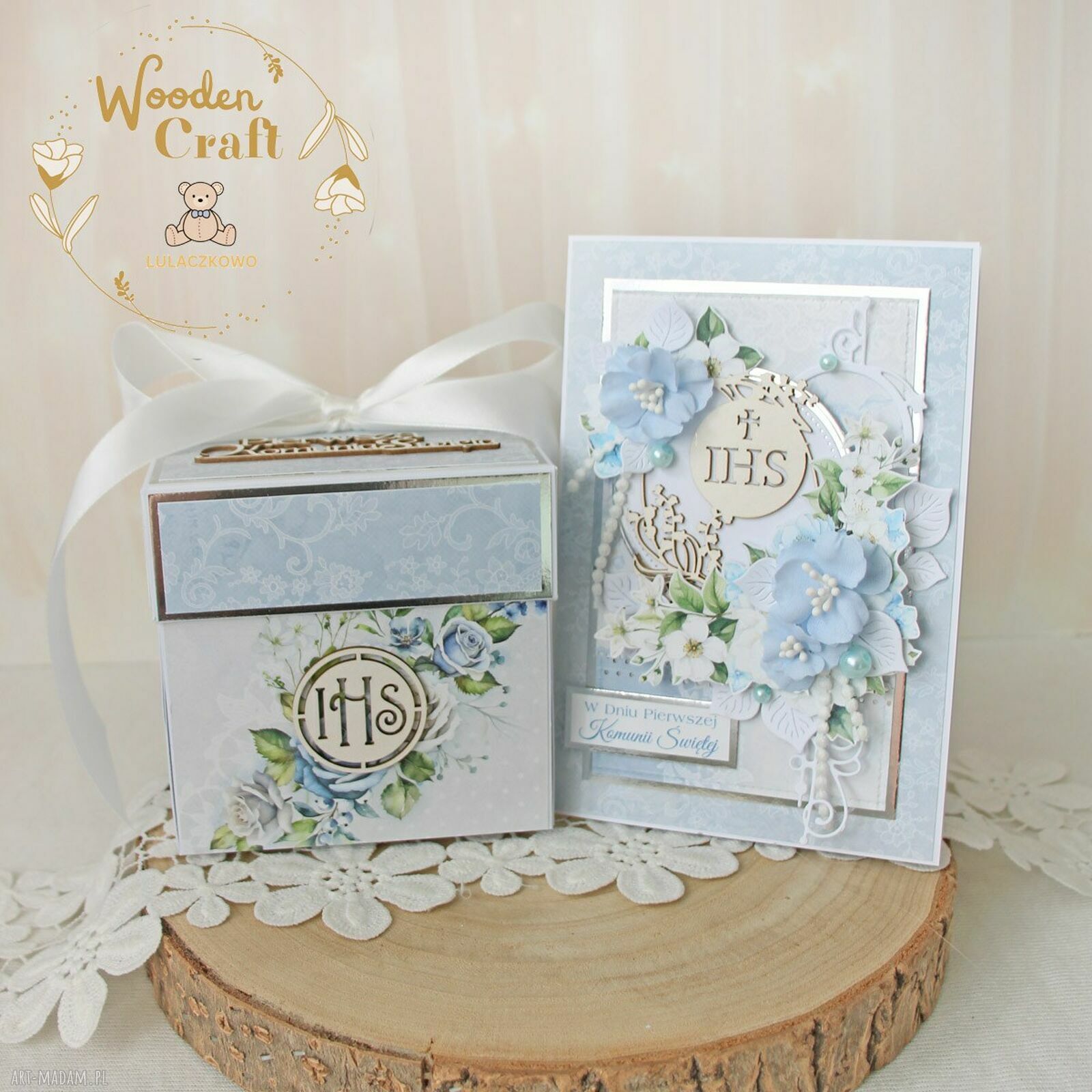 Ręcznie robiona kartka komunijna Lovely Day in Blue - do personalizacji