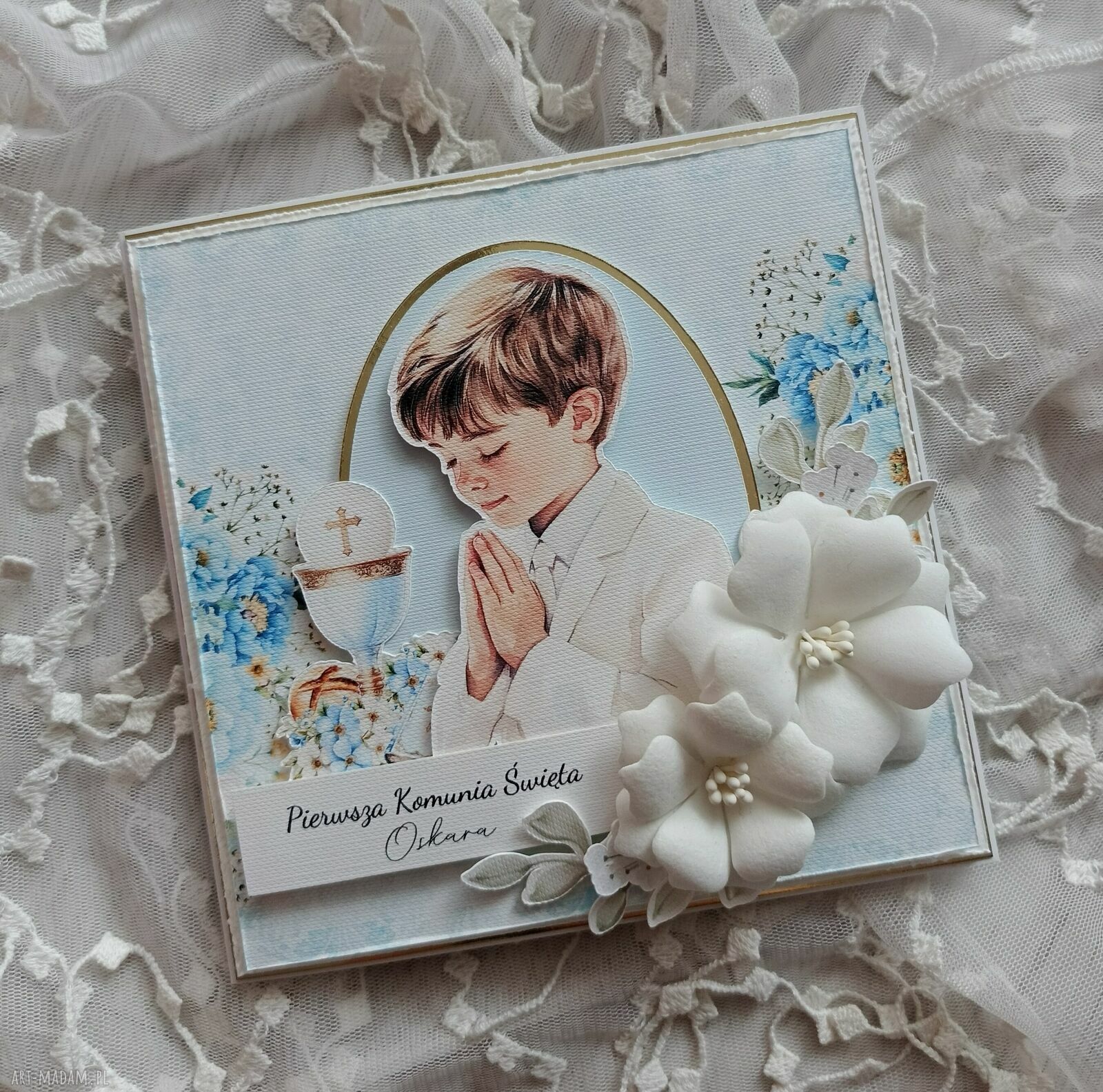 Kartka komunijna dla chłopca - niebiesko-złota pamiątka handmade scrapbooking