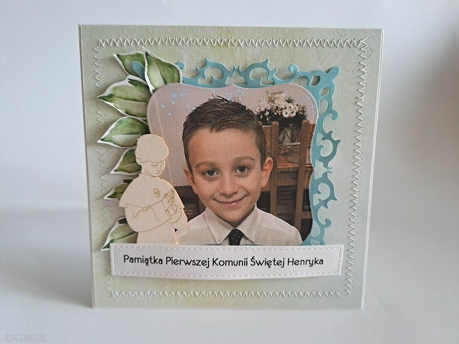 Kartka komunijna - ręcznie robiona w stylu scrapbooking (15x15 cm)