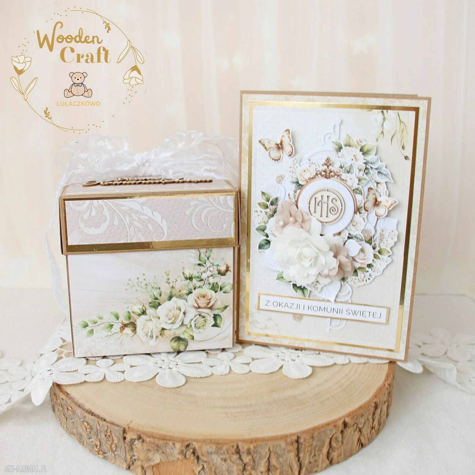 Kartka komunijna Holy&Beige dla dziewczynki w pudełeczku z okienkiem - gotowa do personalizacji