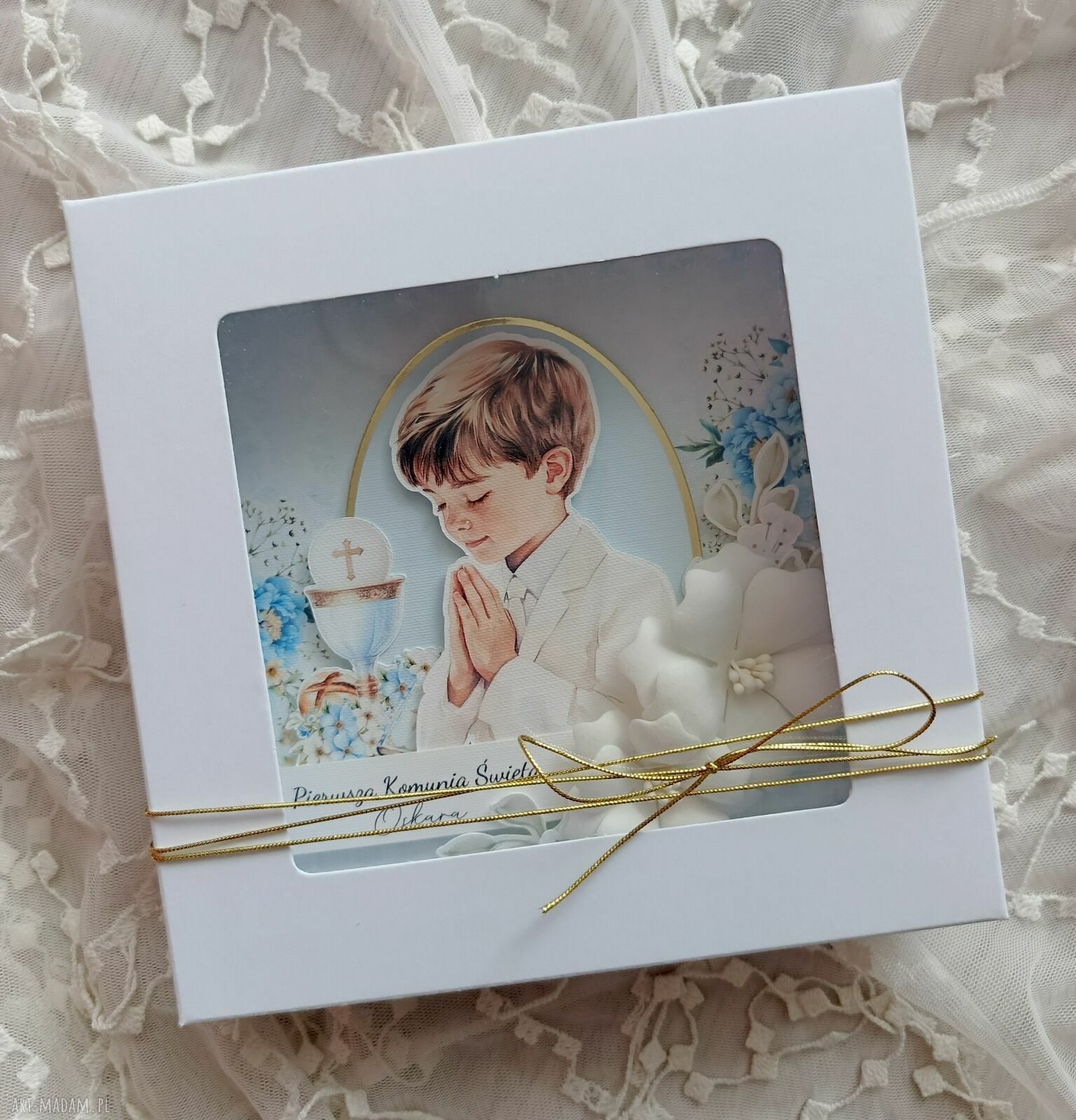 Kartka komunijna dla chłopca - niebiesko-złota pamiątka handmade (scrapbooking)