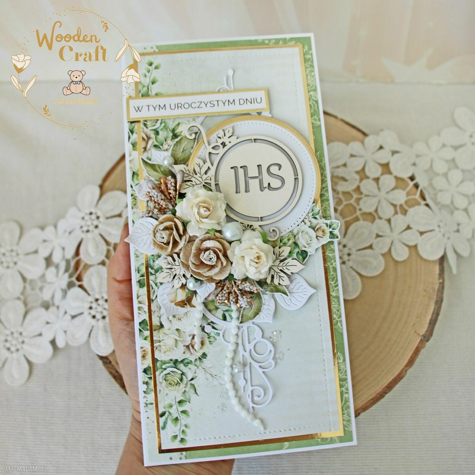 Kartka na Pierwszą Komunię „White Roses 4” w pudełku z okienkiem