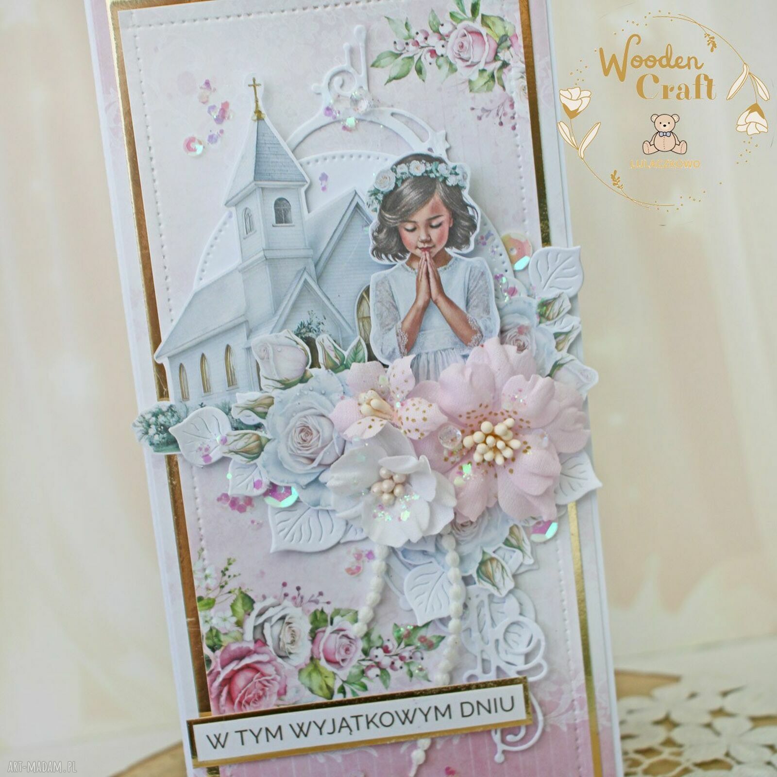Kartka komunijna „PinkRoses4” - pamiątka I Komunii w pudełeczku z okienkiem