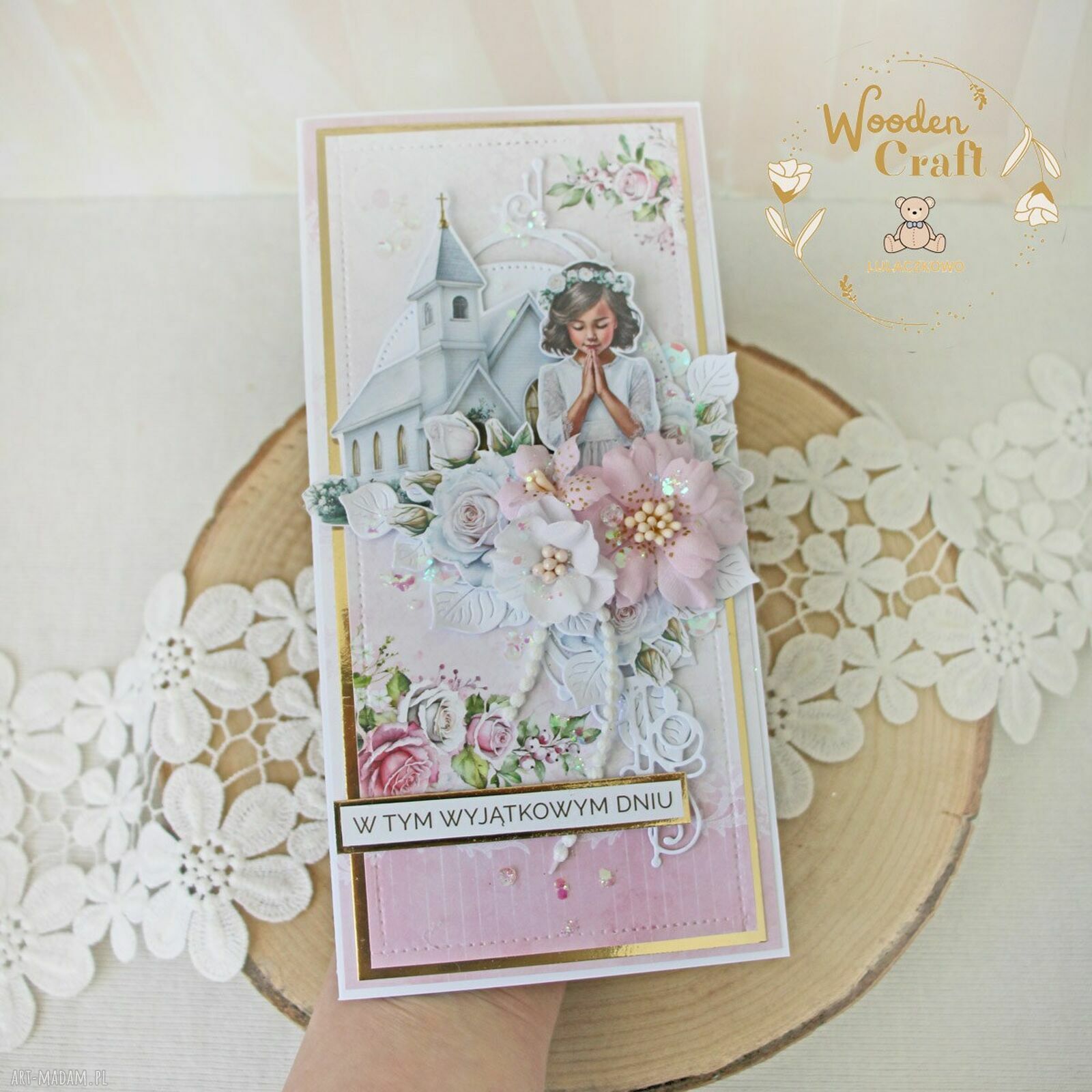 Kartka komunijna „PinkRoses4” - pamiątka I Komunii w pudełeczku z okienkiem