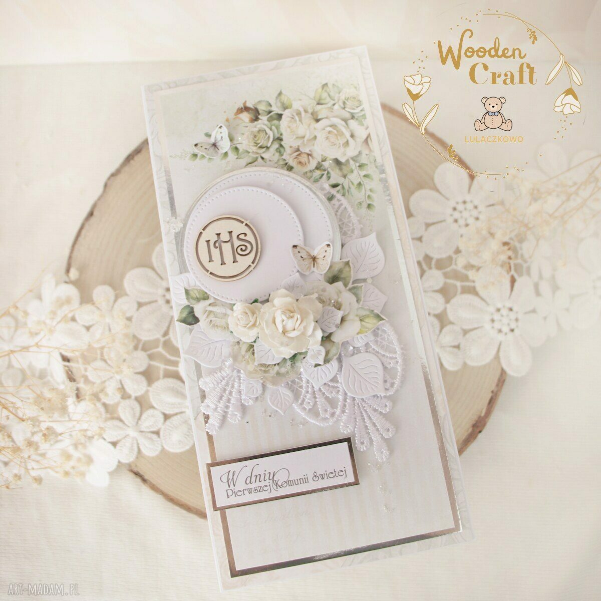 Ręcznie robiona kartka komunijna White Roses5 - białe pudełeczko z okienkiem