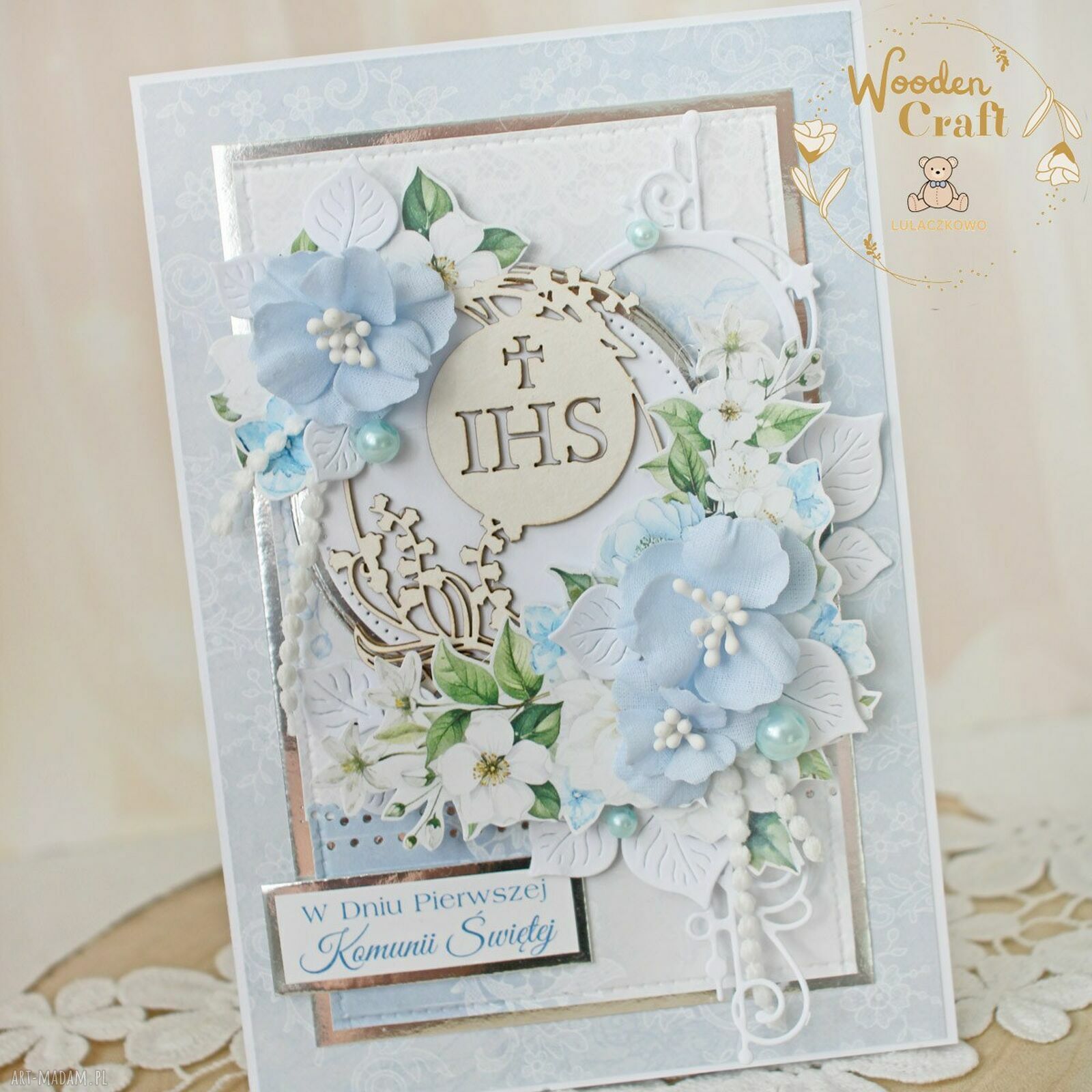 Ręcznie robiona kartka komunijna Lovely Day in Blue - do personalizacji