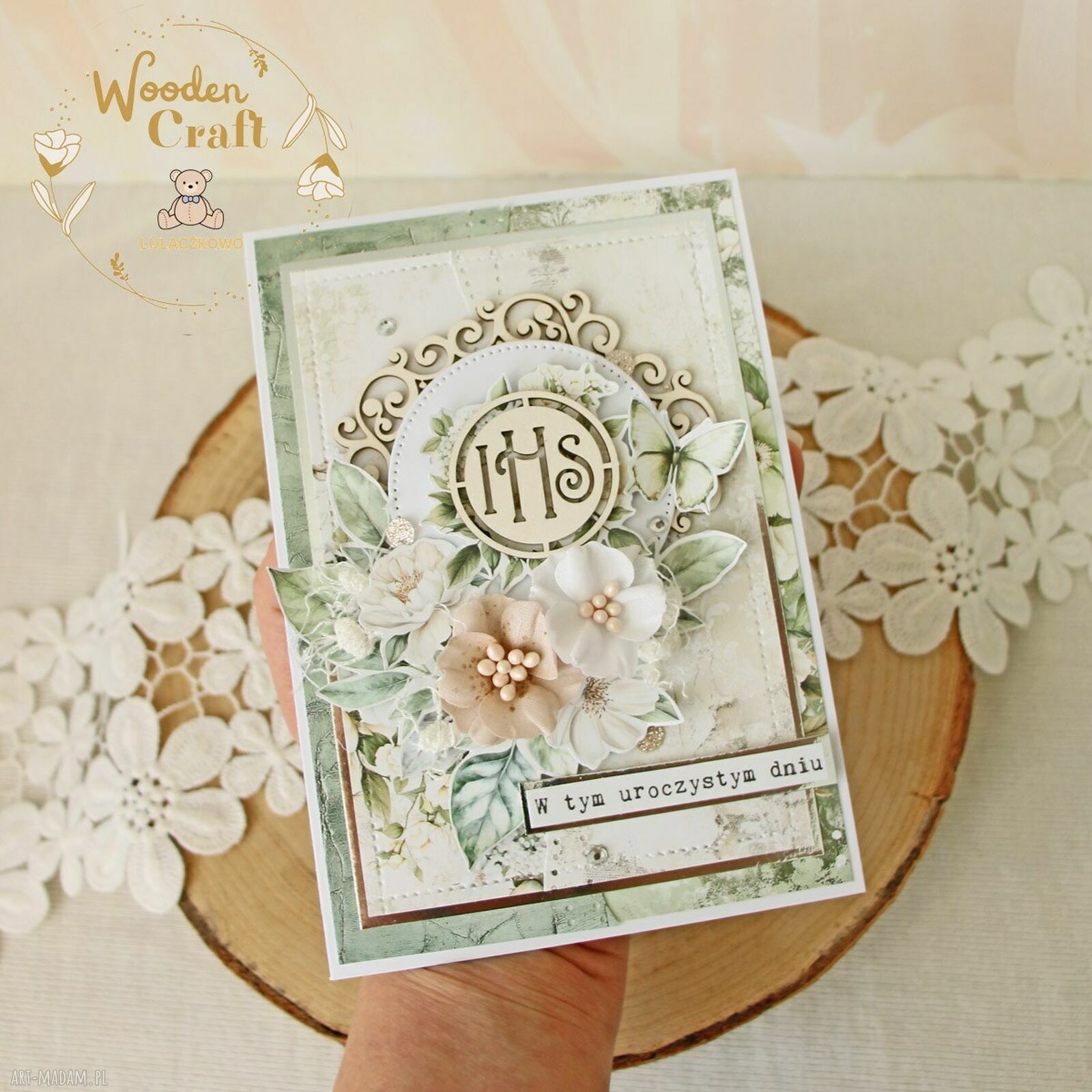 Kartka komunijna „Cherished Memories” w pudełeczku z okienkiem - ręcznie robiona pamiątka Pierwszej Komunii