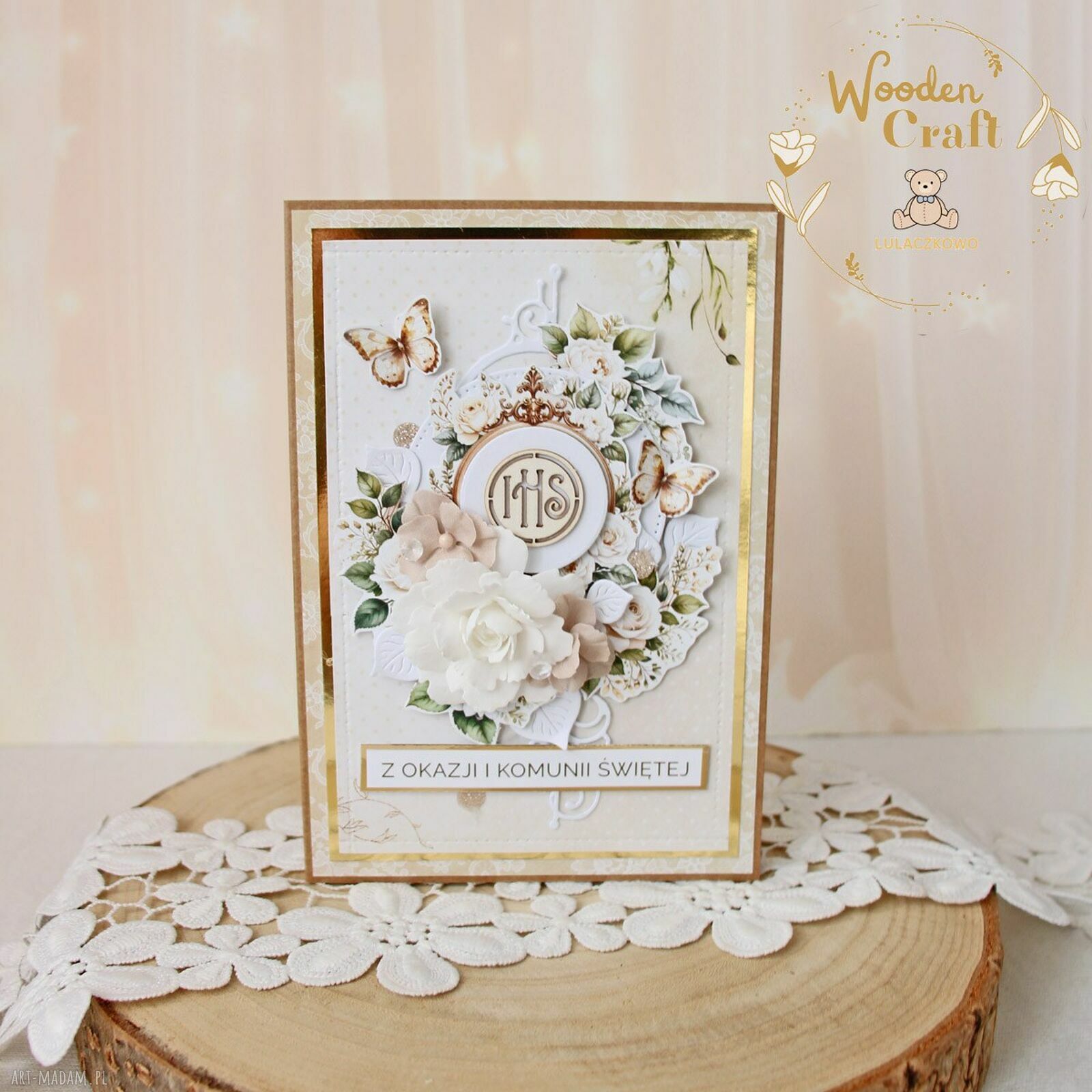 Kartka komunijna Holy&Beige dla dziewczynki w pudełeczku z okienkiem - gotowa do personalizacji