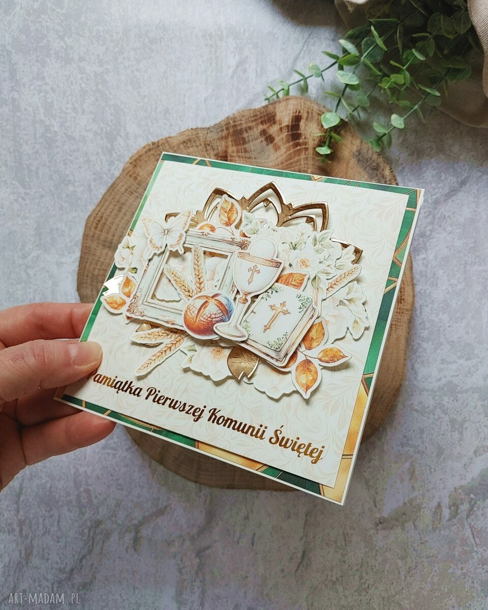Kartka komunijna Pierwsza Komunia Święta - ręcznie robiona scrapbooking z kopertą