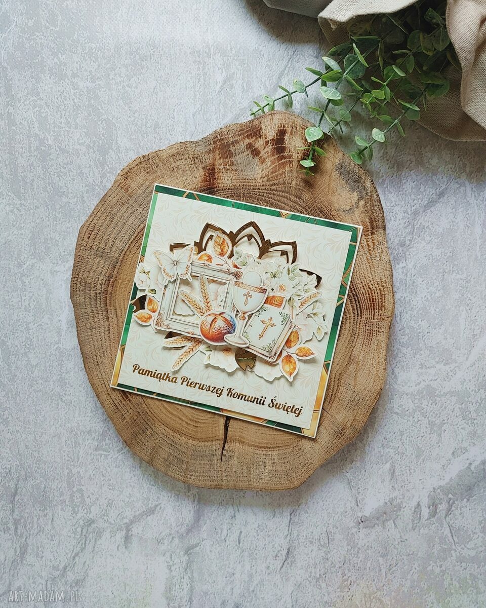 Kartka komunijna Pierwsza Komunia Święta - ręcznie robiona scrapbooking z kopertą