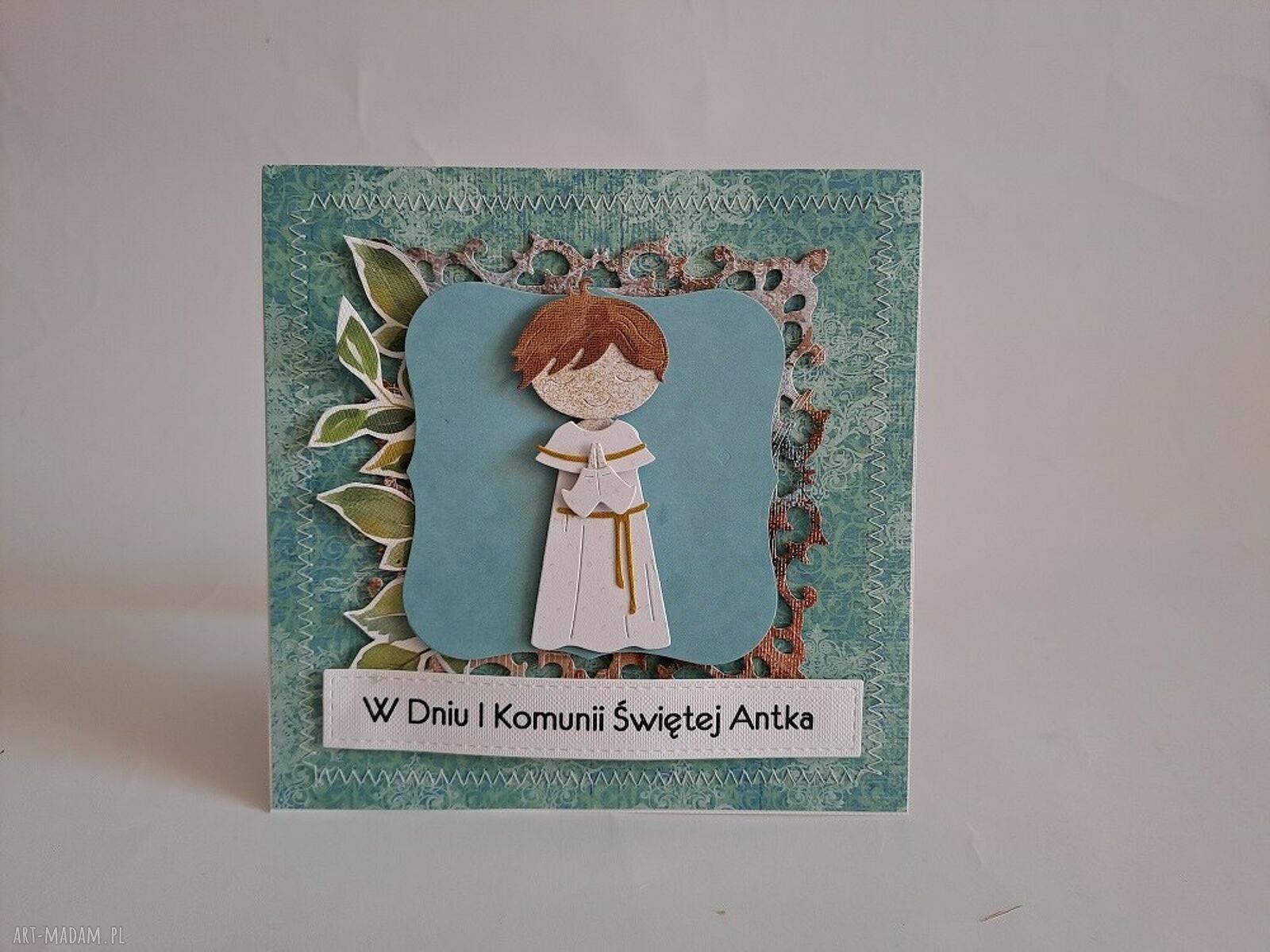 Kartka komunijna - ręcznie robiona w stylu scrapbooking (15x15 cm)