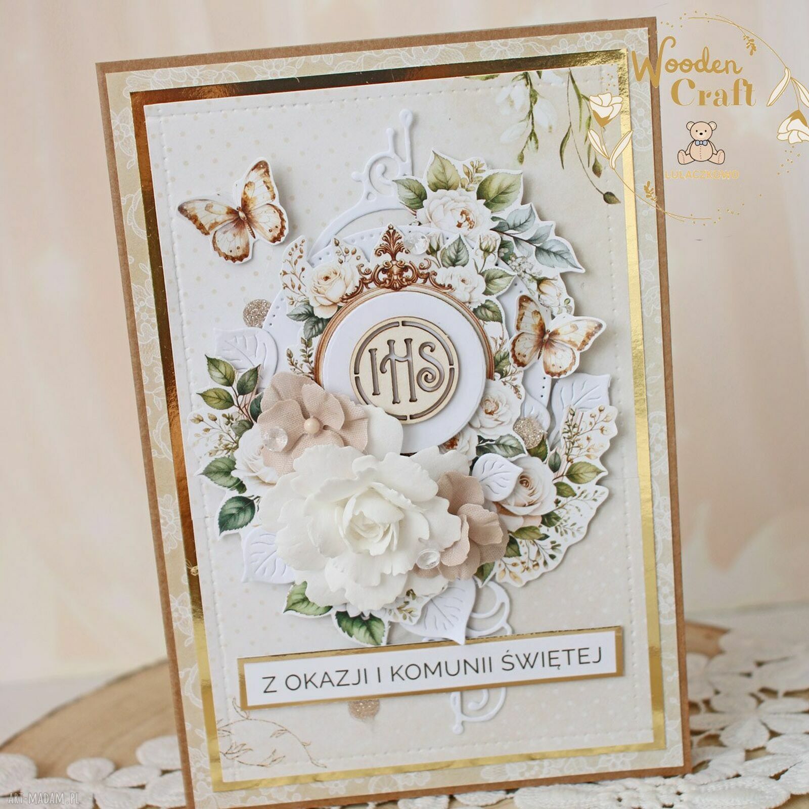 Kartka komunijna Holy&Beige dla dziewczynki w pudełeczku z okienkiem - gotowa do personalizacji