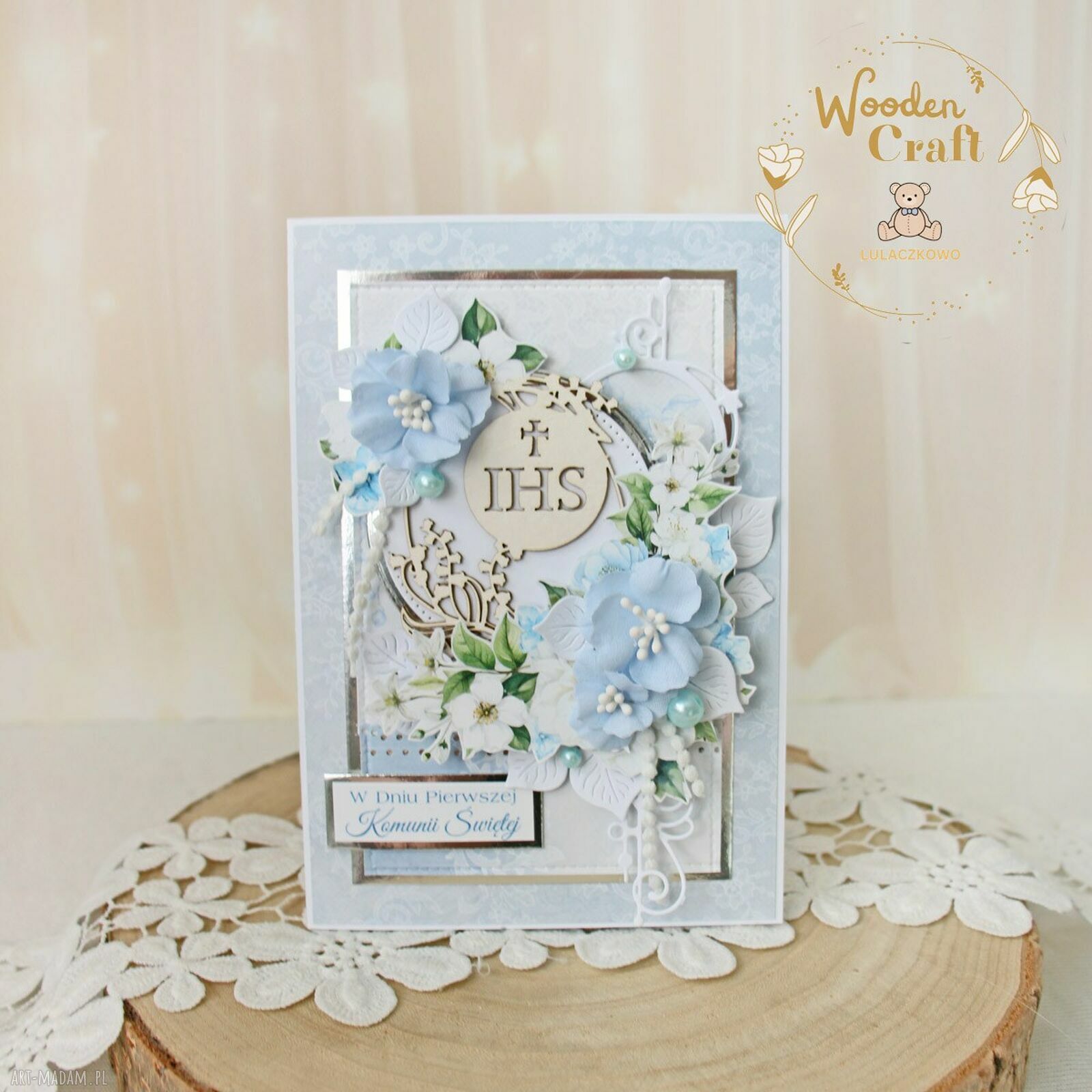 Ręcznie robiona kartka komunijna Lovely Day in Blue - do personalizacji
