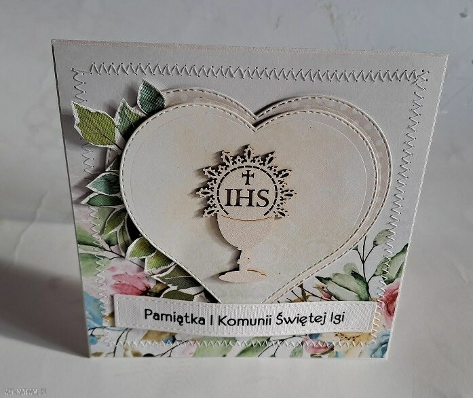 Kartka komunijna - ręcznie robiona w stylu scrapbooking (15x15 cm)