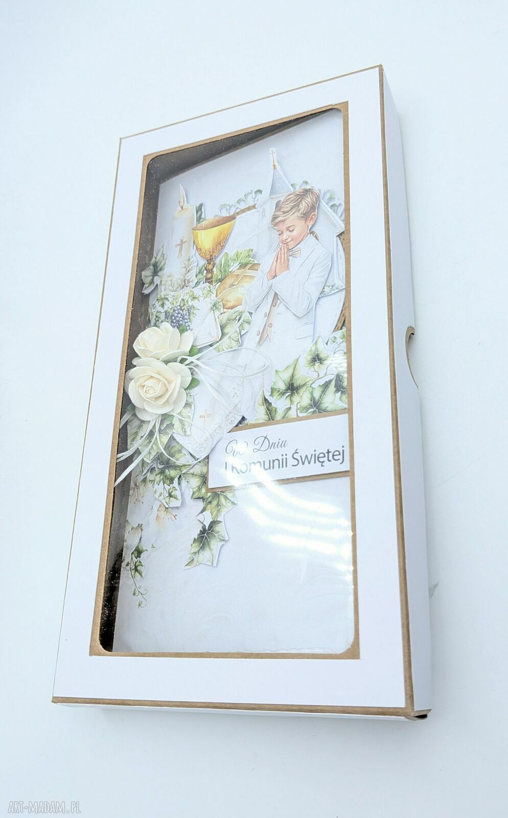Kartka komunijna ręcznie robiona - z pudełkiem dla chłopca (scrapbooking 3D)