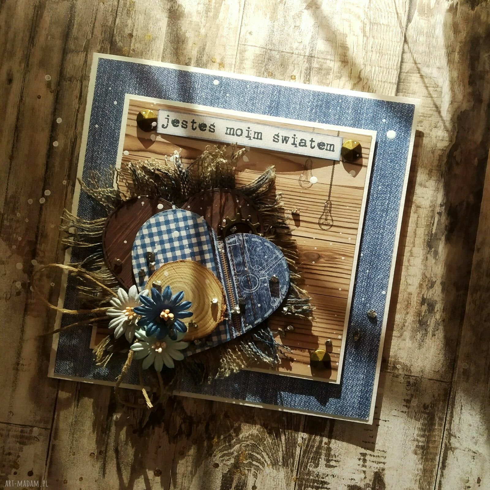 Kartka męska jeans-country na urodziny i jubileusz - 14x14 z kopertą
