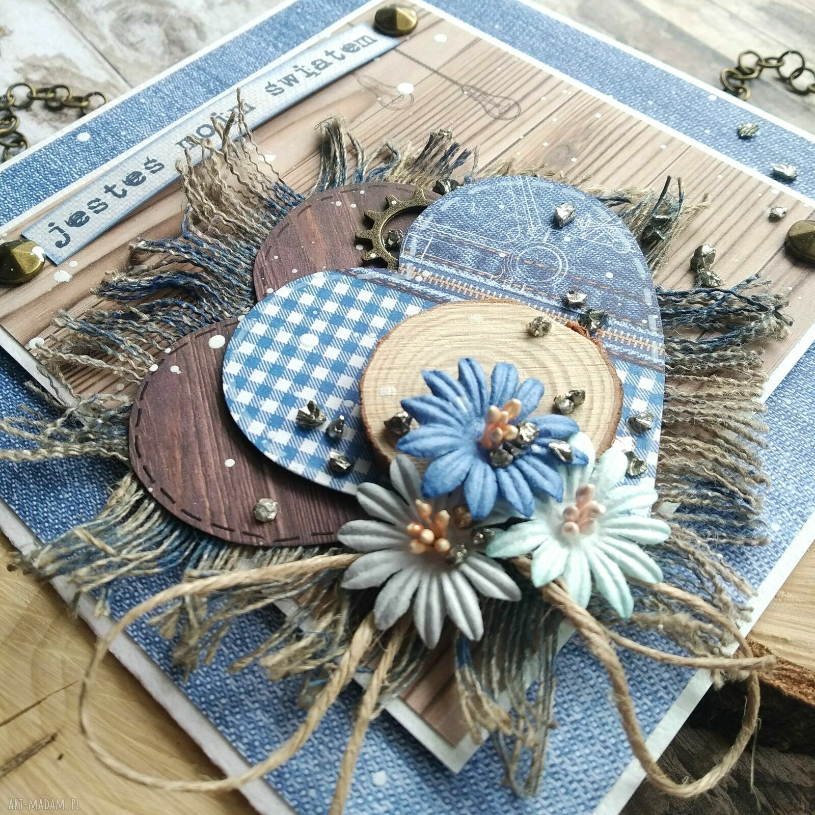 Kartka męska jeans-country na urodziny i jubileusz - 14x14 z kopertą