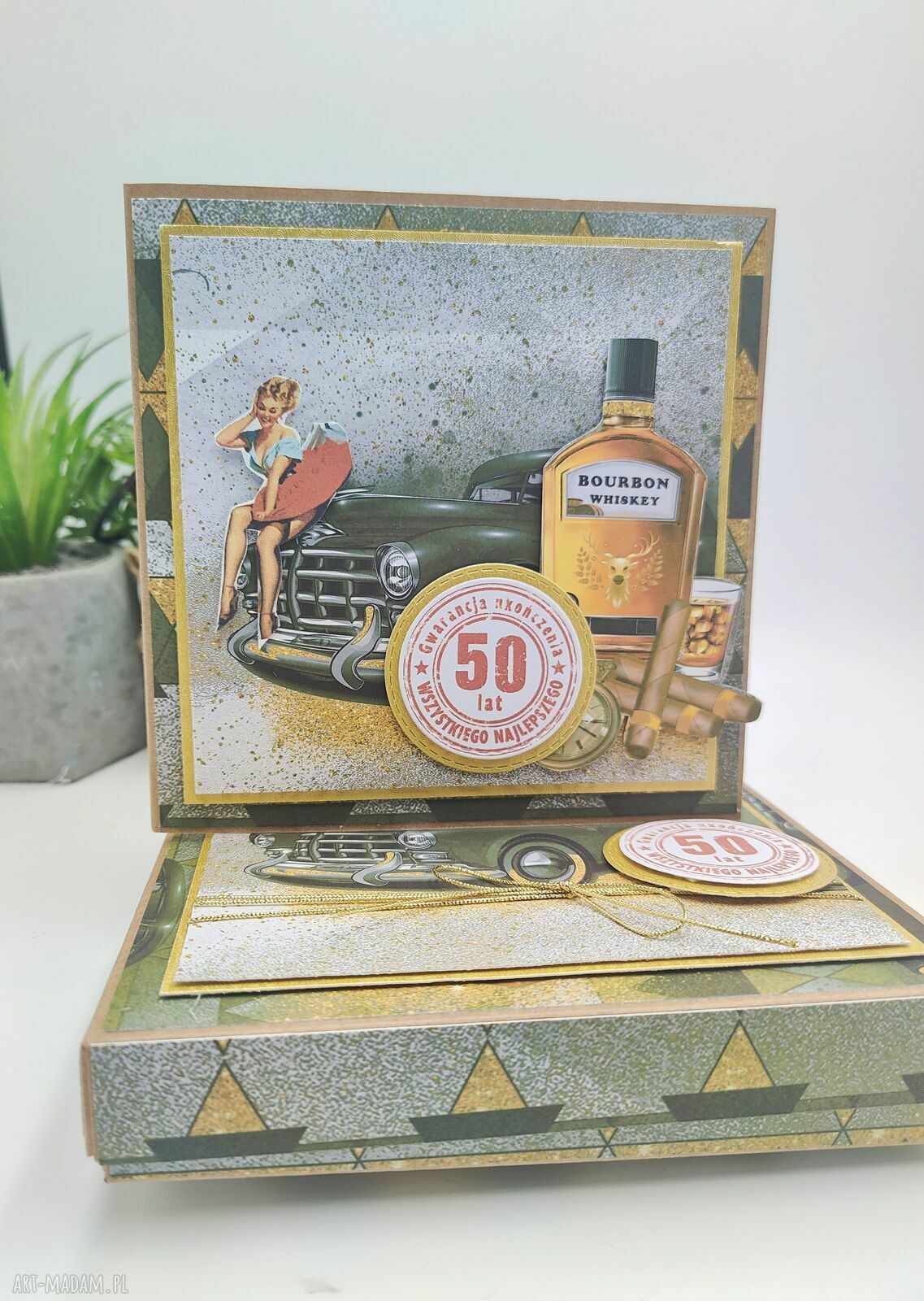 Kartka na 50. urodziny dla mężczyzny retro z pudełkiem (sztalugowa, handmade)