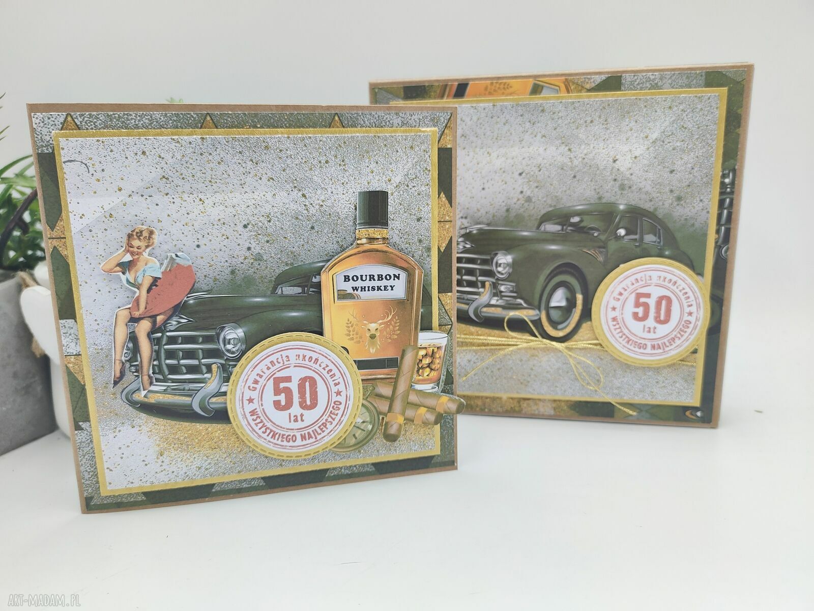 Kartka na 50. urodziny dla mężczyzny retro z pudełkiem sztalugowa, handmade