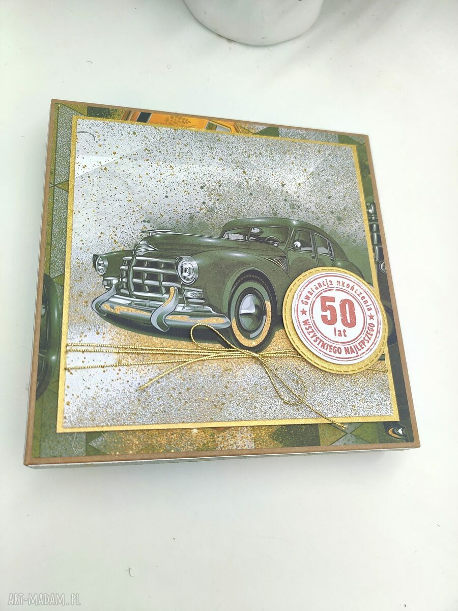 Kartka na 50. urodziny dla mężczyzny retro z pudełkiem (sztalugowa, handmade)