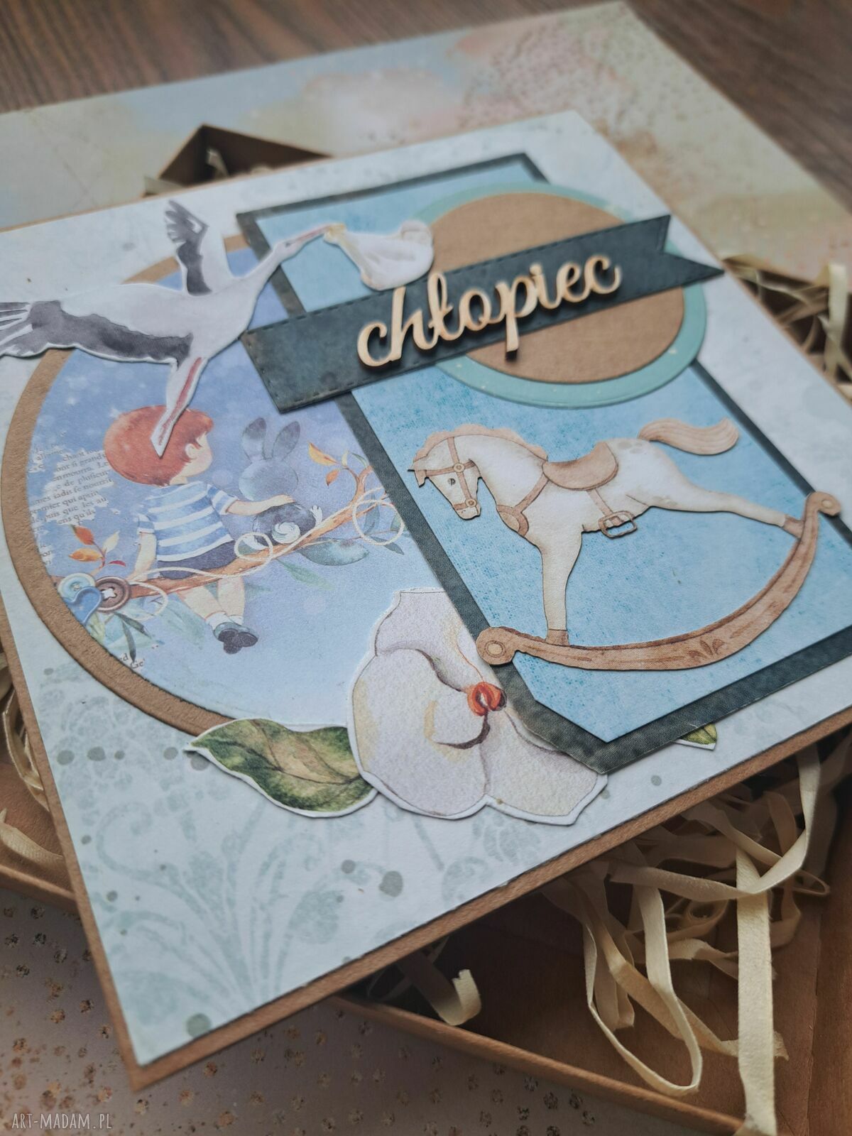 Kartka na baby shower chłopca w pudełku kraft
