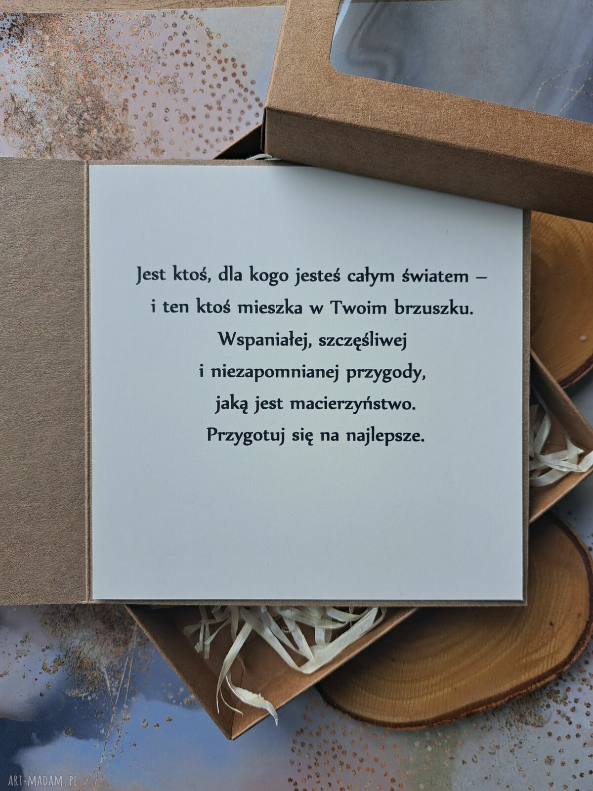 Kartka na baby shower chłopca w pudełku kraft