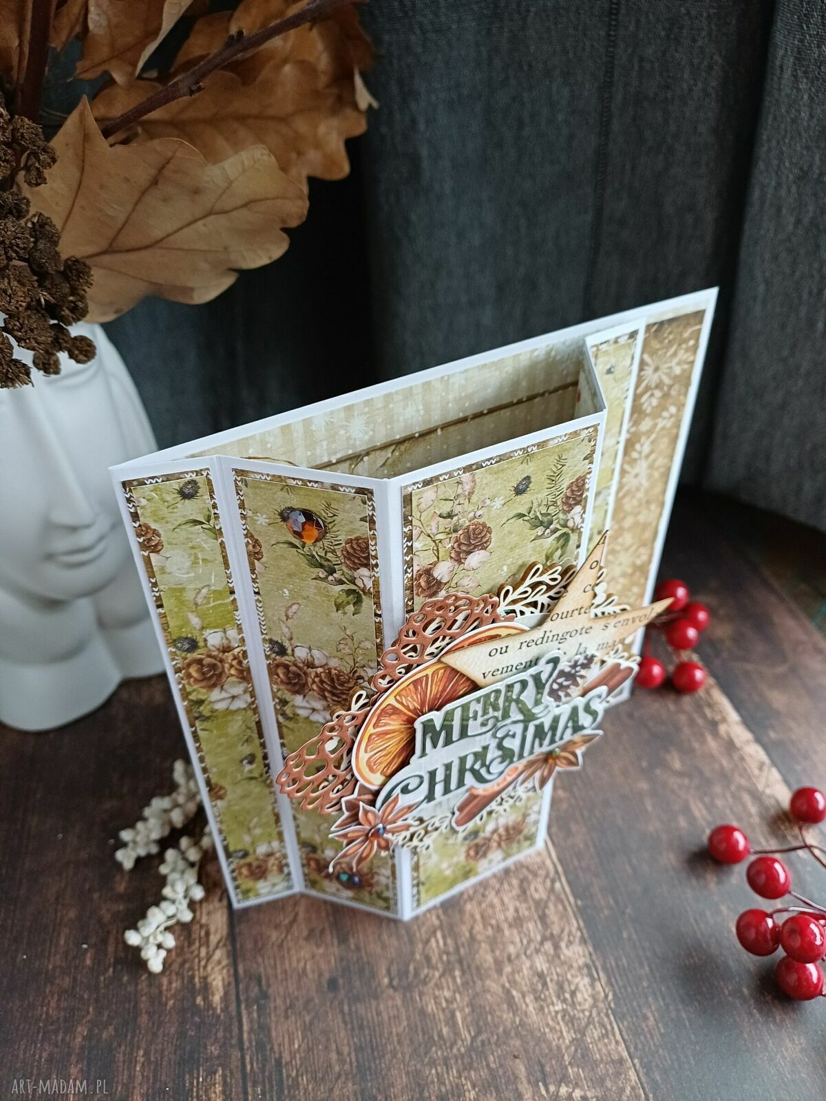 Kartka na Boże Narodzenie typu window 1 - 3D scrapbooking w kolorach zieleni i brązu