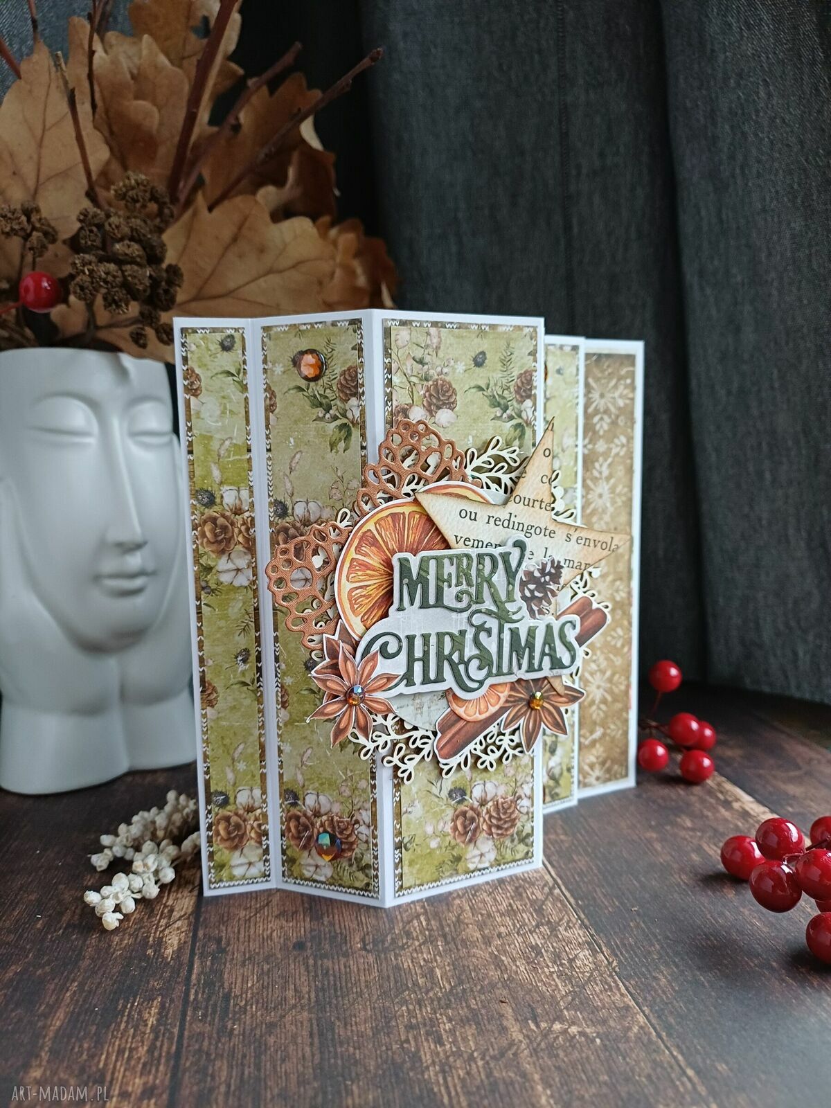 Kartka na Boże Narodzenie typu window 1 - 3D scrapbooking w kolorach zieleni i brązu