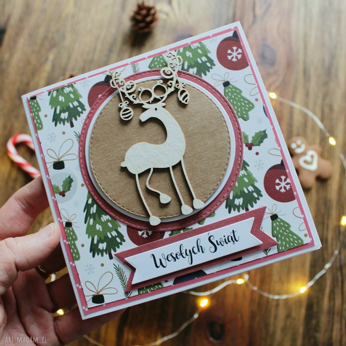 Kartka na Boże Narodzenie w stylu scrapbooking z białą kopertą - unikat na prezent