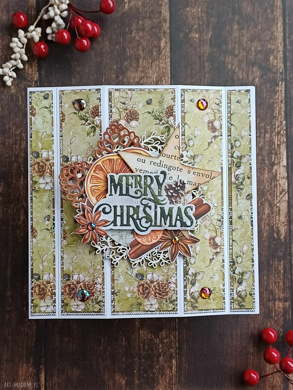 Kartka na Boże Narodzenie typu window 1 - 3D scrapbooking w kolorach zieleni i brązu